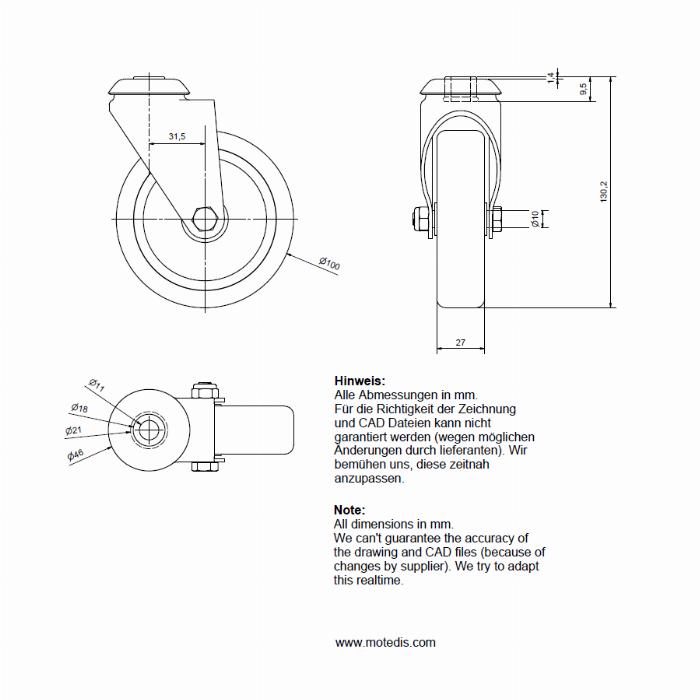 Roller 100 single bolt hole, without brake , with a load capacity of 56kg