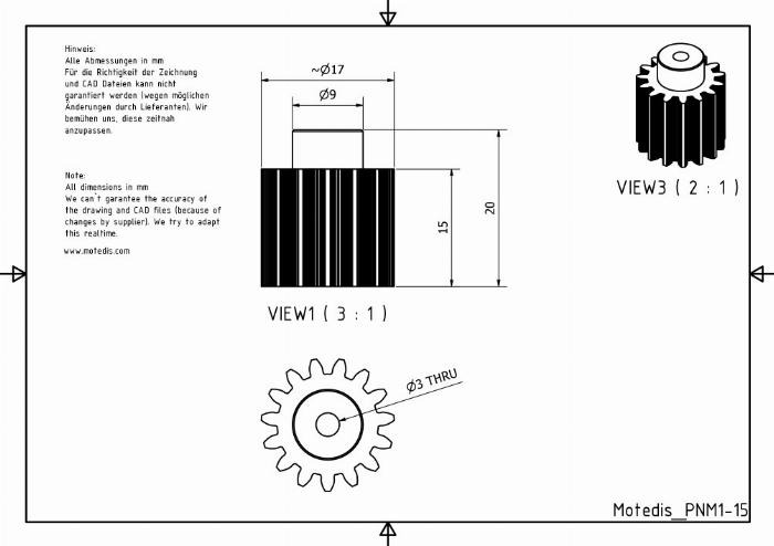 PA Spur gear Module 1, 15 teeth with 15mm width - Bore 3 mm