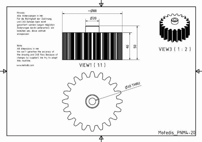 PA Spur gear Module 4, 20 teeth with 40mm width - Bore 10 mm