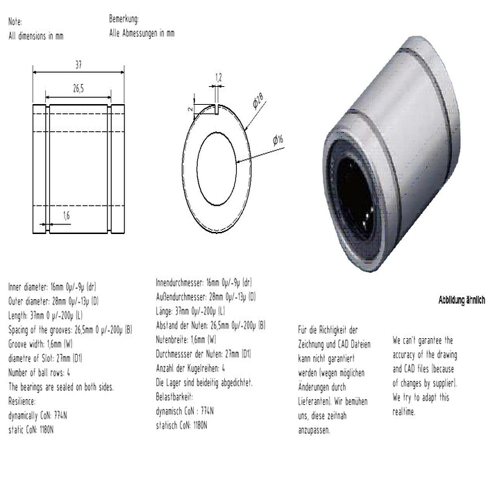Az LM16UU lineáris csapágyak belső átmérője 16 mm és külső átmérője 28 mm, tökéletesek a 16 mm-es precíziós tengelyekhez
