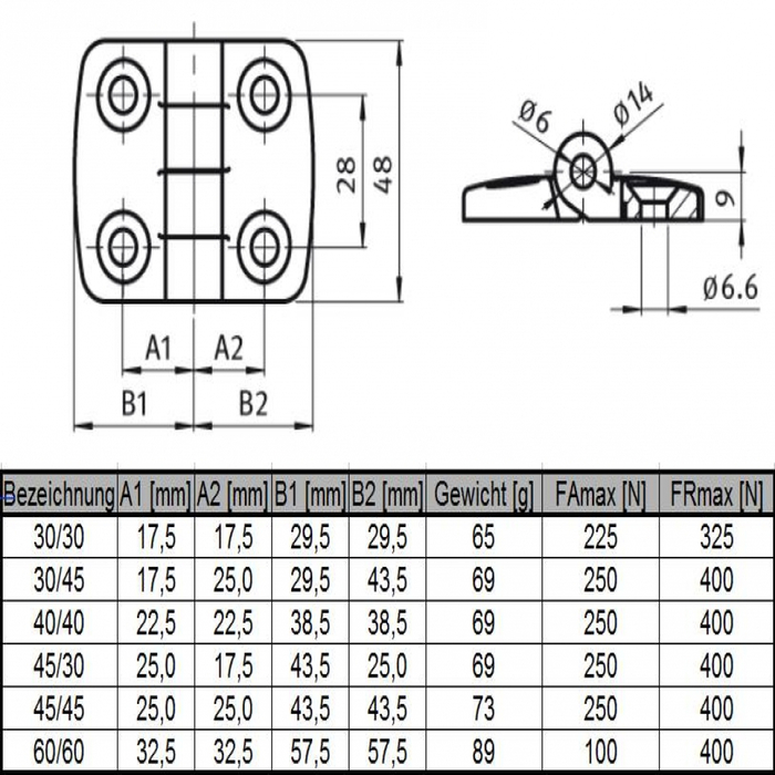 Hinge wing 45 aluminium light, To hinge panels or aluminum profiles